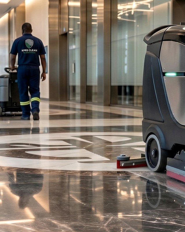 KPRS Clean operator with floor scrubbing equipment in a corporate lobby