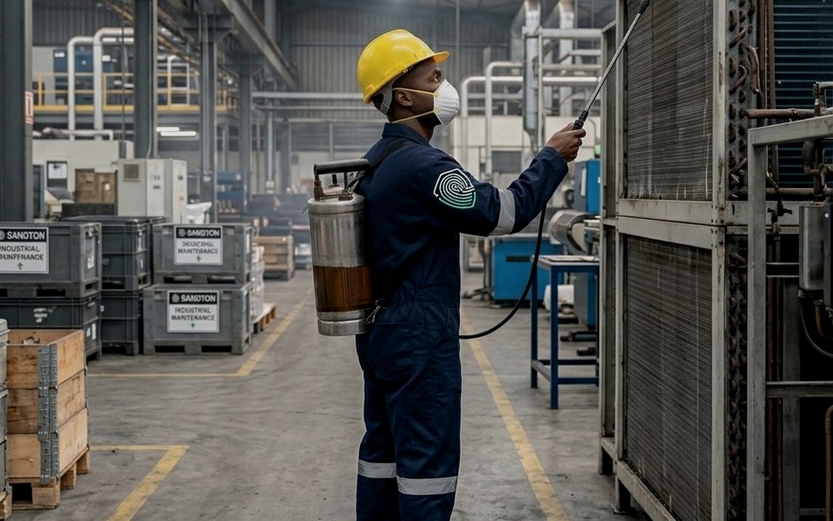 KPRS Clean pest control operator spraying in a warehouse facility