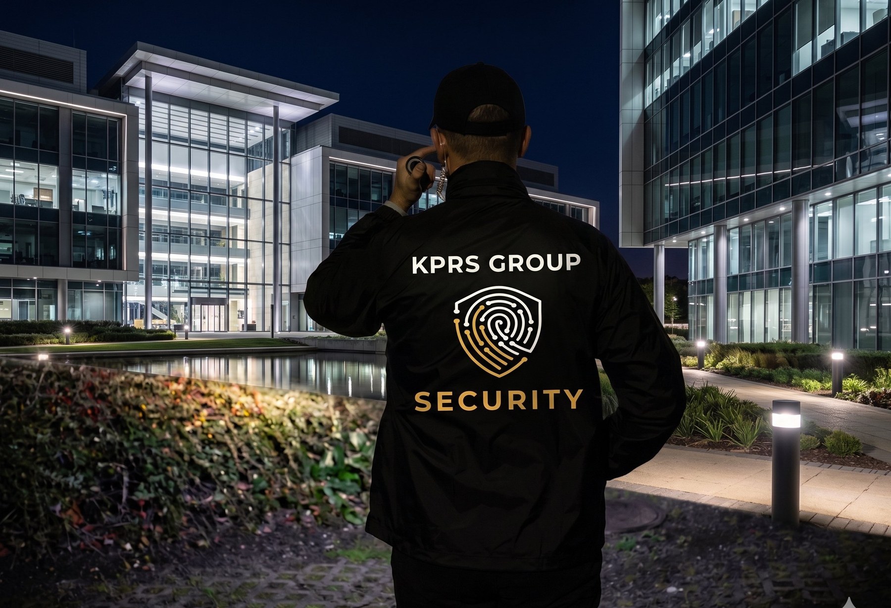 KPRS Group Security officer on patrol at a corporate office complex at night